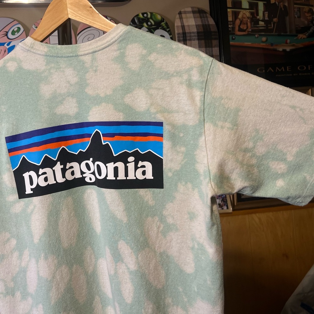 Patagonia Green and White custom bleach spiral design T-Shirt with Logo